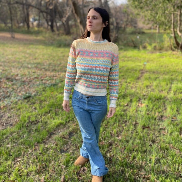 Vintage 80s pastel coquette preppy girly geometric crewneck sweater - Picture 4 of 7